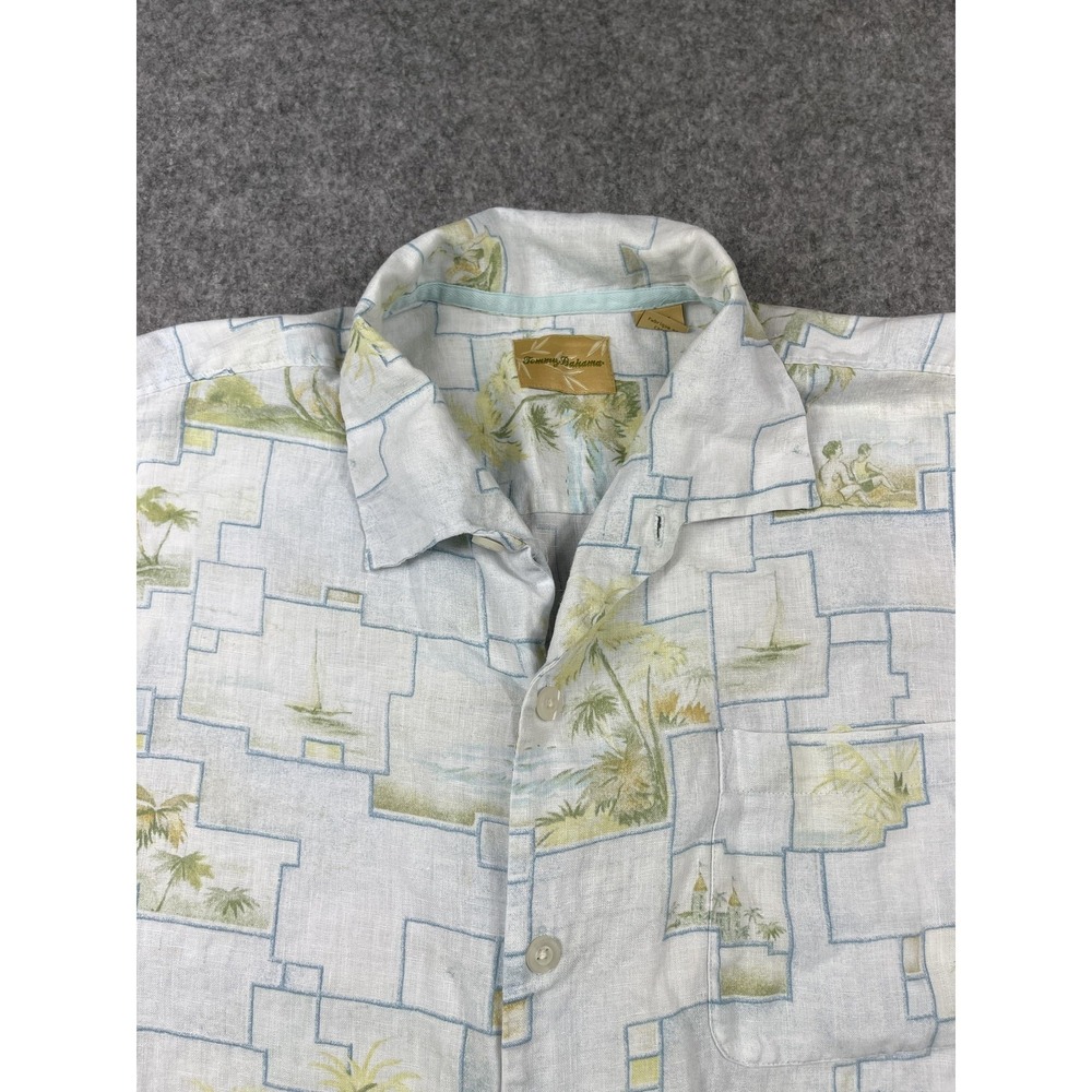 Tommy‎ Bahama Shirt Mens XL Blue Green Linen Button Up Hawaiian Tropical Palm